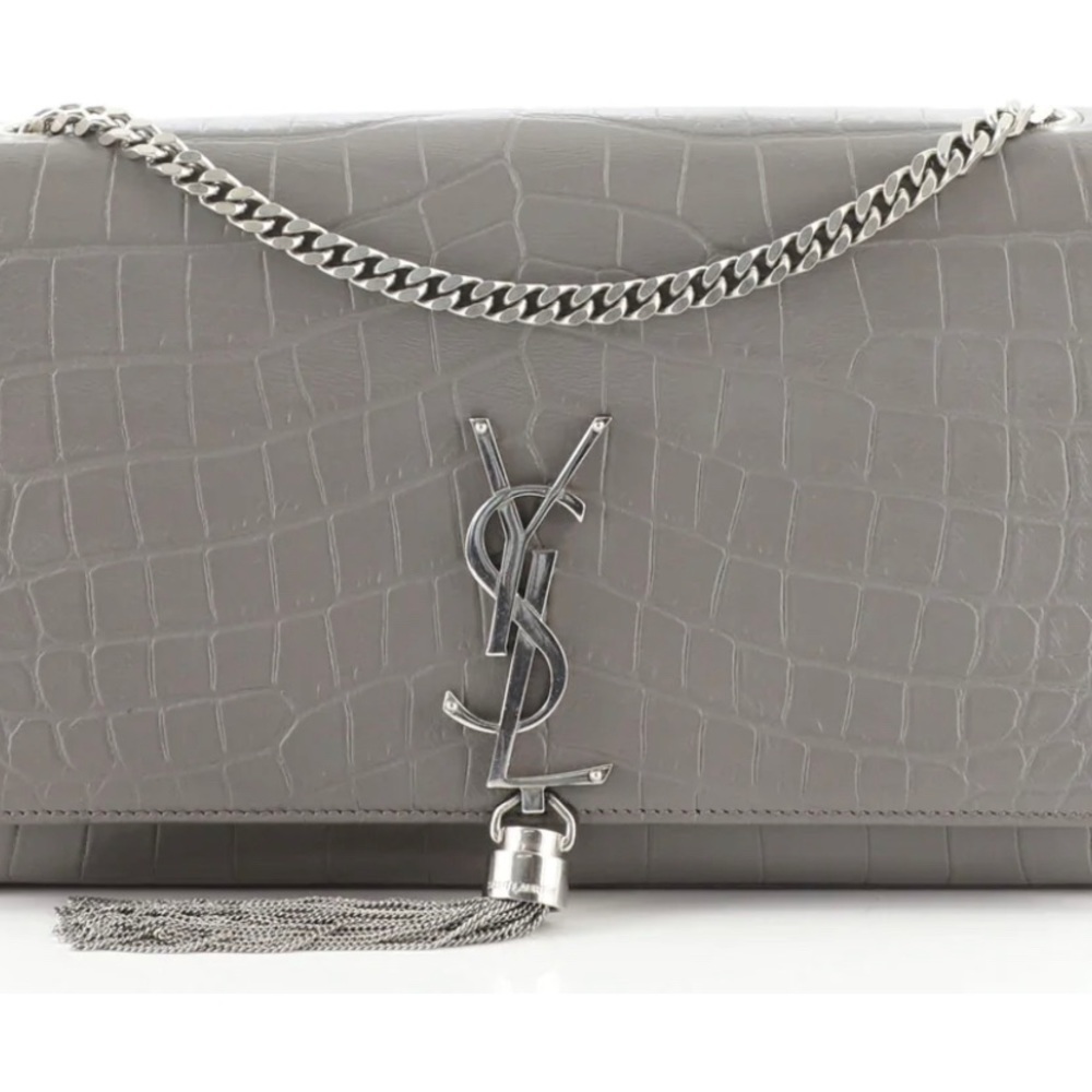 YVES SAINT LAURENT Grey Croc Embossed Leather Small Kate Tassel Bag